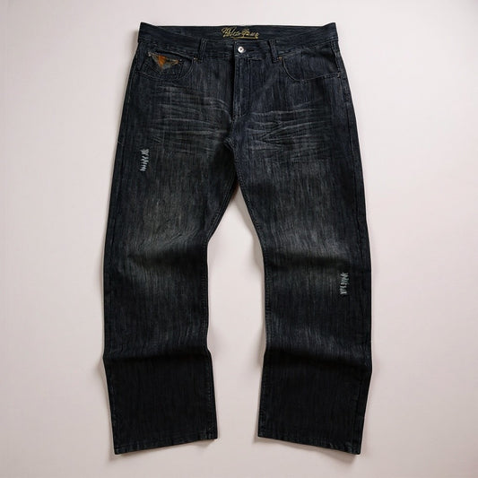 Jean Blue Gear – Délavage Foncé Vintage Y2K – Broderies & Détails Plaid - Taille FR 50