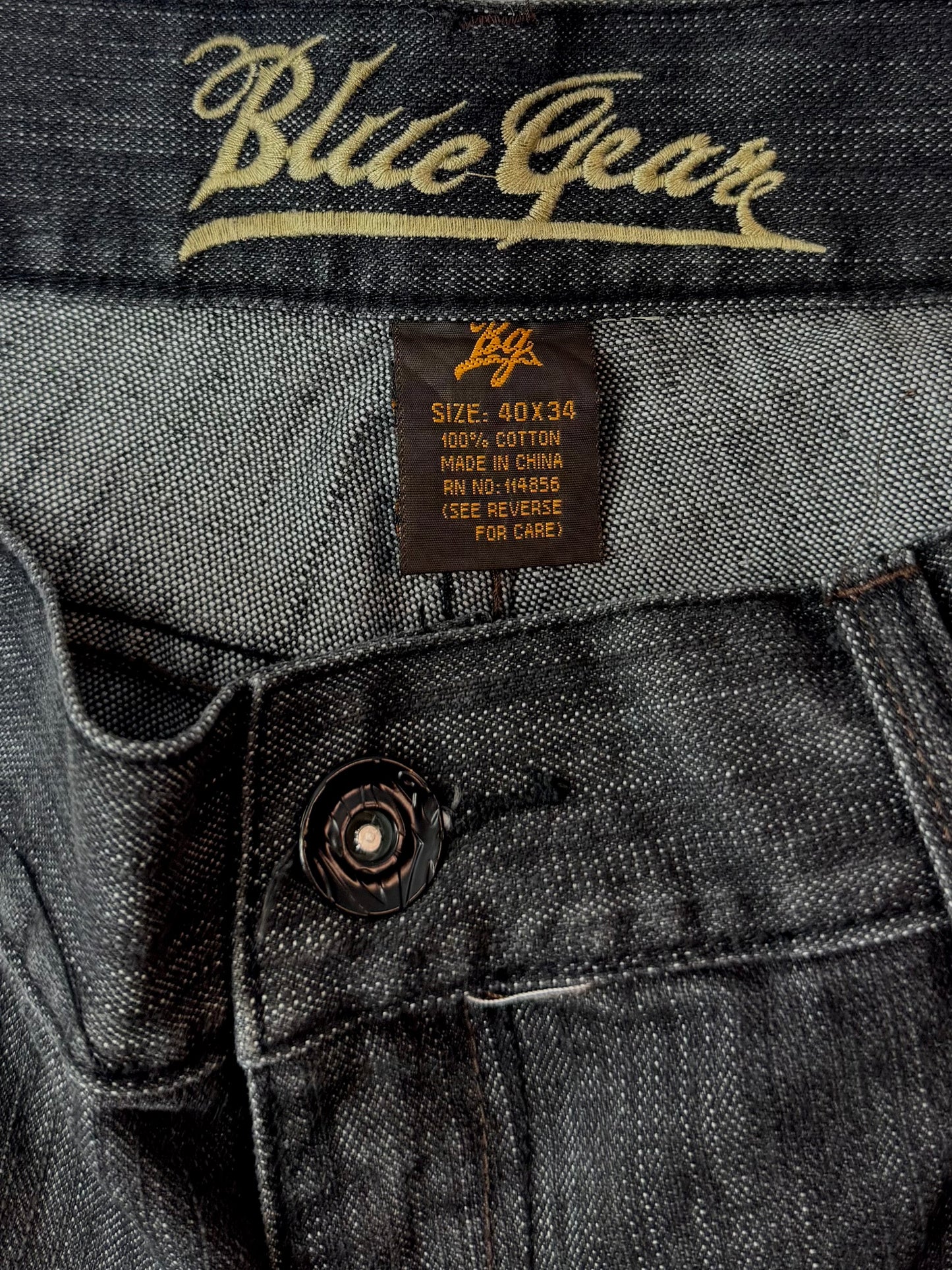 Jean Blue Gear – Délavage Foncé Vintage Y2K – Broderies & Détails Plaid - Taille FR 50