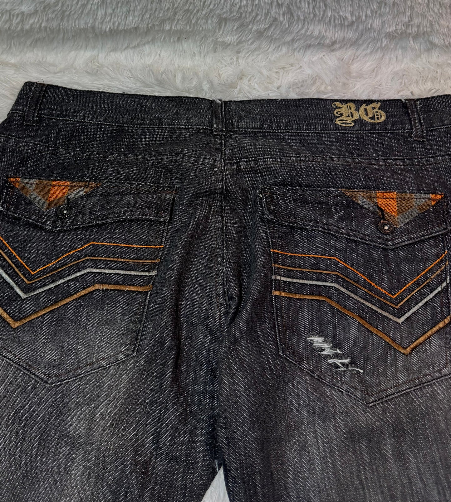 Jean Blue Gear – Délavage Foncé Vintage Y2K – Broderies & Détails Plaid - Taille FR 50