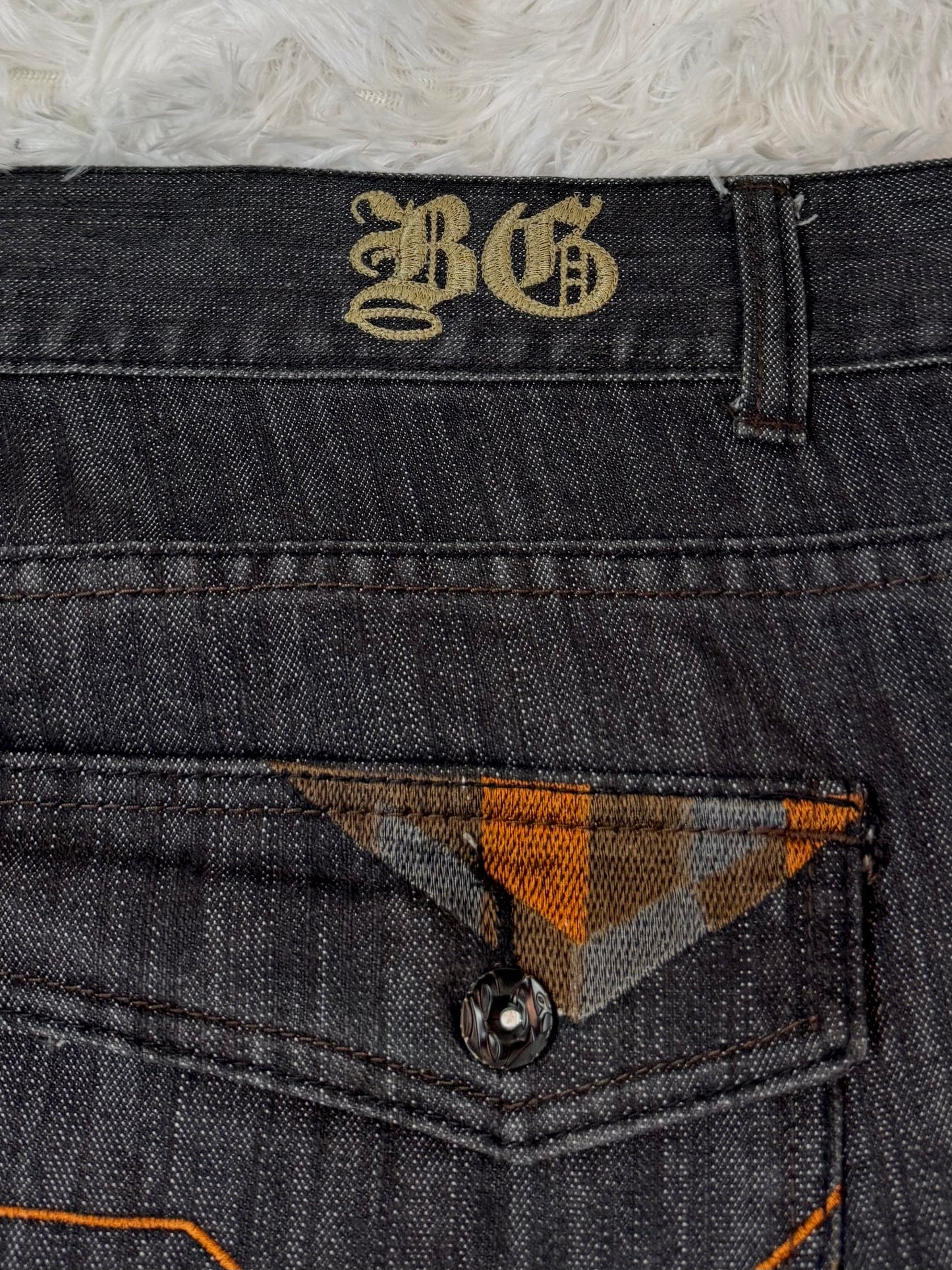 Jean Blue Gear – Délavage Foncé Vintage Y2K – Broderies & Détails Plaid - Taille FR 50