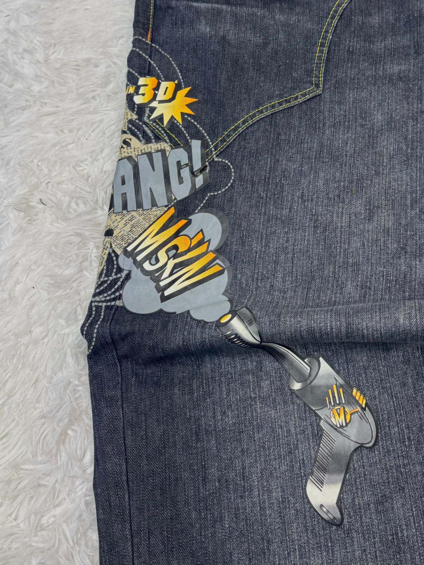 Jean Miskeen Originals “Future of Fashion” – Impression Robot 3D – Y2K Denim Rare - Taille FR 54