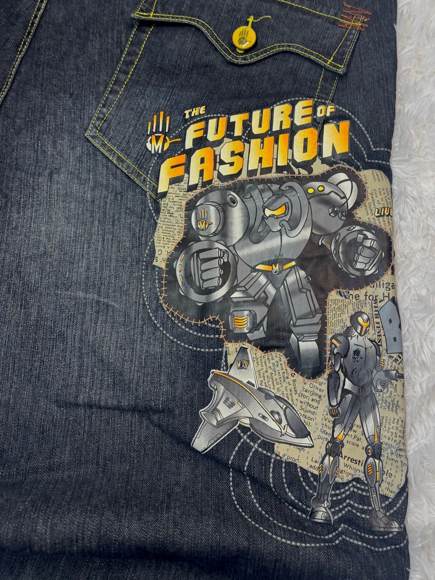 Jean Miskeen Originals “Future of Fashion” – Impression Robot 3D – Y2K Denim Rare - Taille FR 54