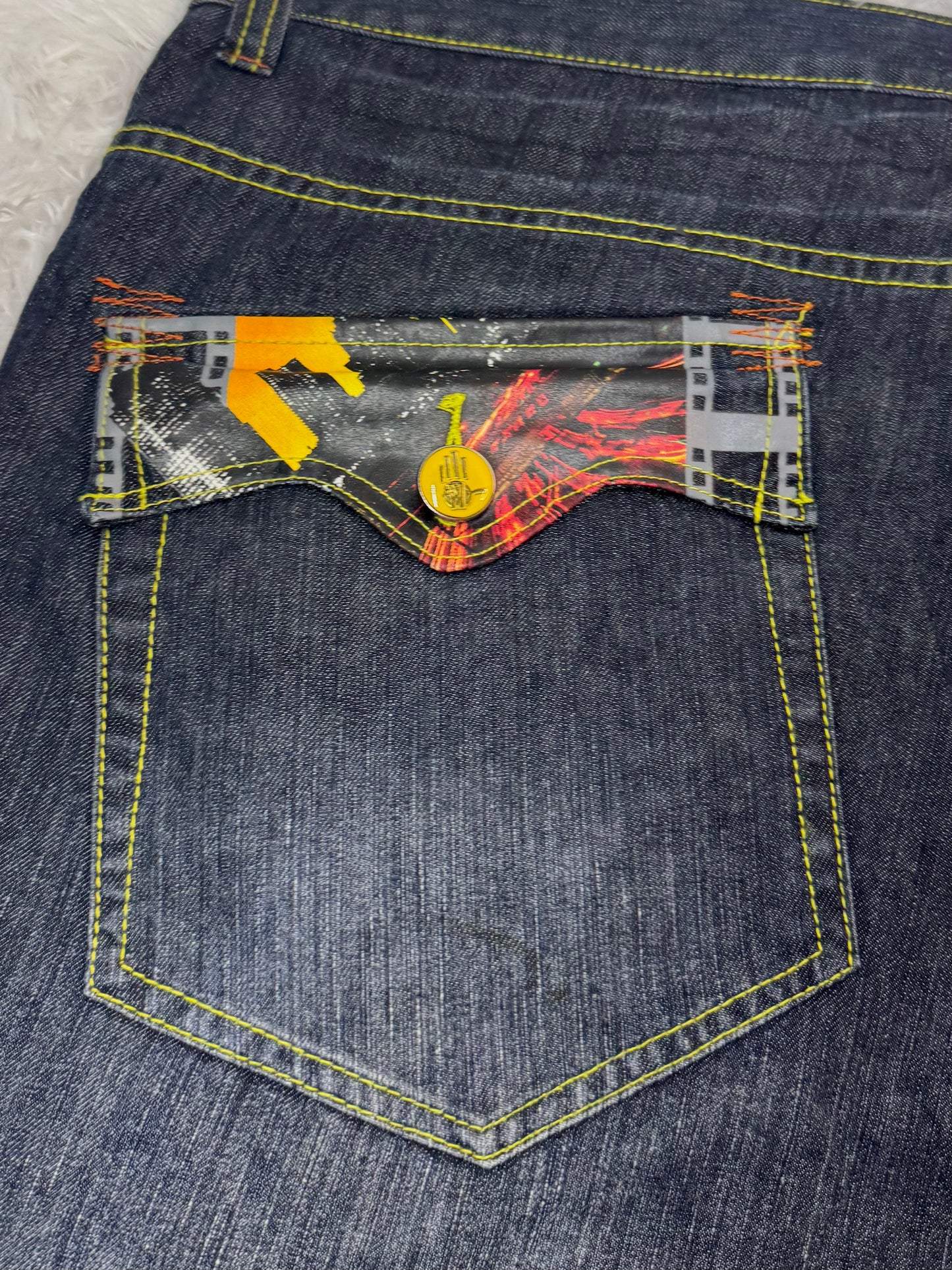 Jean Miskeen Originals “Future of Fashion” – Impression Robot 3D – Y2K Denim Rare - Taille FR 54