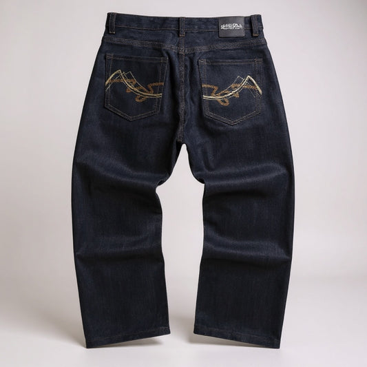 Jean “Urban Label” gris foncé – coupe droite Y2K avec broderie dos (Taille FR 46)