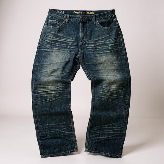 Jean “Attitude Gold” délavé à poches cloutées – coupe droite vintage Y2K (Taille FR 48)