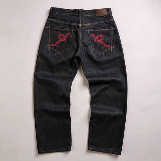 Jean “Rocawear” gris foncé broderie serpent rouge – coupe baggy Y2K (Taille FR 48)