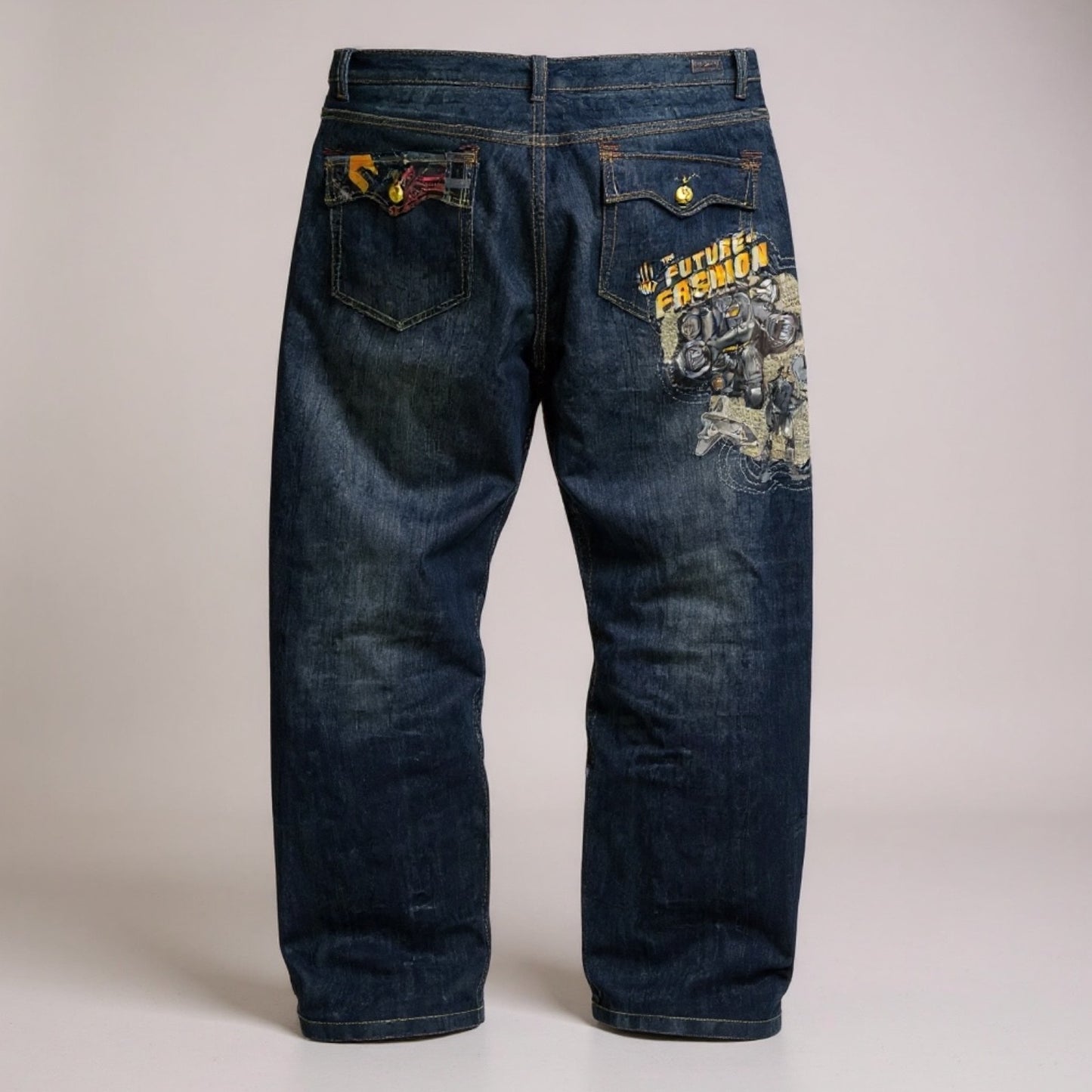 Jean Miskeen Originals “Future of Fashion” – Impression Robot 3D – Y2K Denim Rare - Taille FR 54