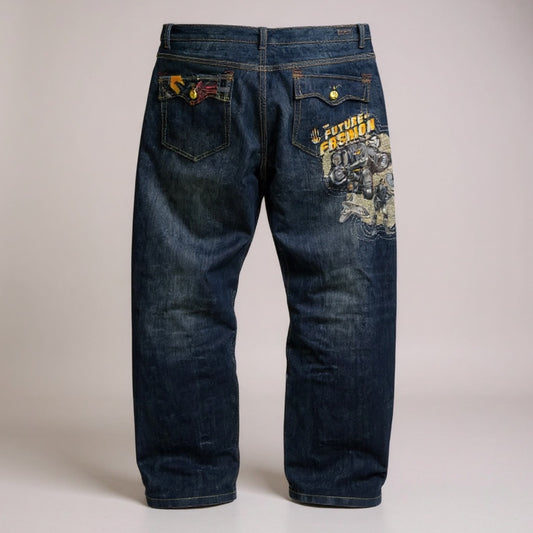 Jean Miskeen Originals “Future of Fashion” – Impression Robot 3D – Y2K Denim Rare - Taille FR 54