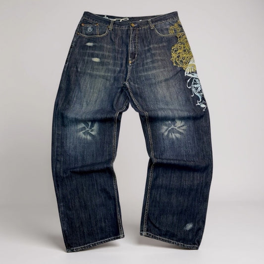Jean Eight 732 – Broderie Aigle Doré Y2K – Délavage Vintage & Fit Large - Taille FR 52
