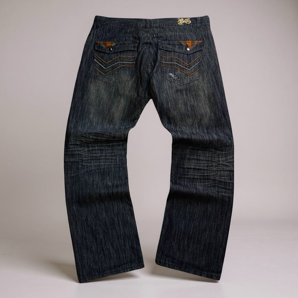 Jean Blue Gear – Délavage Foncé Vintage Y2K – Broderies & Détails Plaid - Taille FR 50