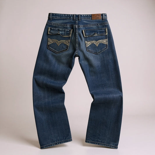 Jean Denim & Rivets – Brodé Western / Délavage Bleu Vintage - Taille FR 48