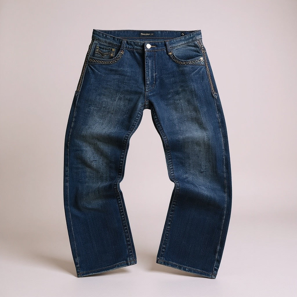 Jean Denim & Rivets – Brodé Western / Délavage Bleu Vintage - Taille FR 48
