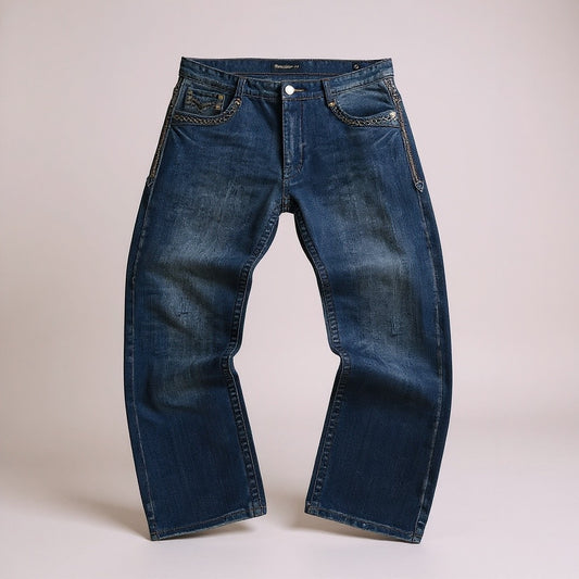 Jean Denim & Rivets – Brodé Western / Délavage Bleu Vintage - Taille FR 48