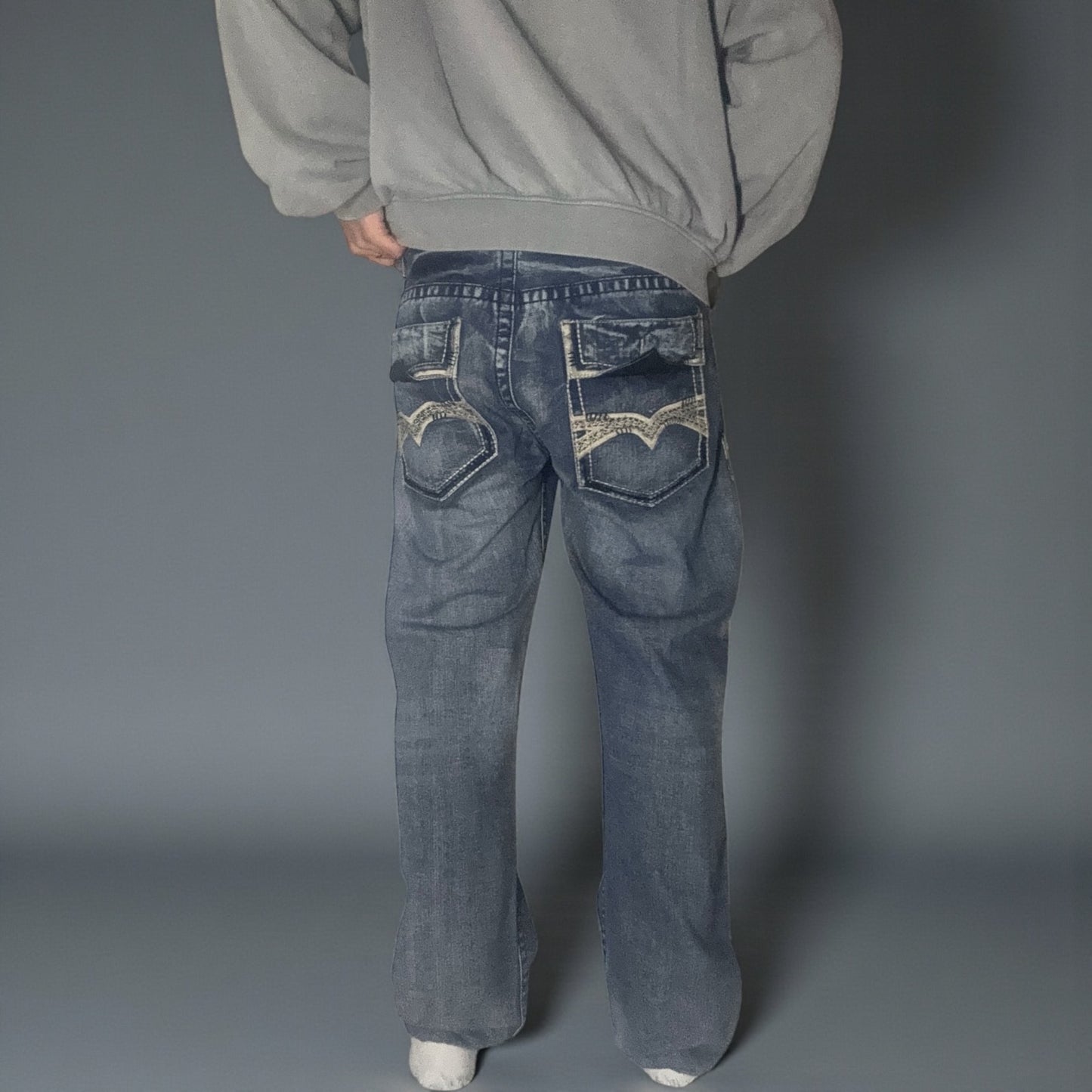 Jean Denim & Rivets – Brodé Western / Délavage Bleu Vintage - Taille FR 48